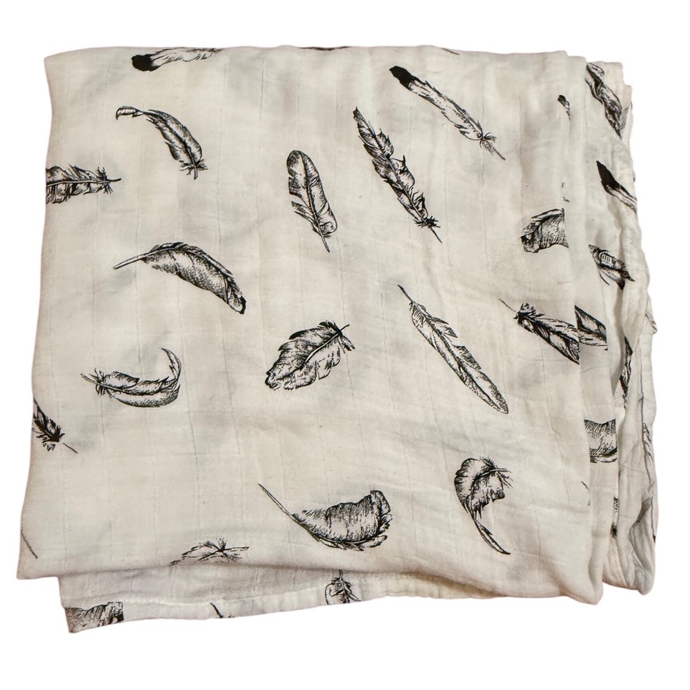White Muslin Cotton Swaddle Blanket Black Feather Print Boho‎ Unisex Baby 44x44